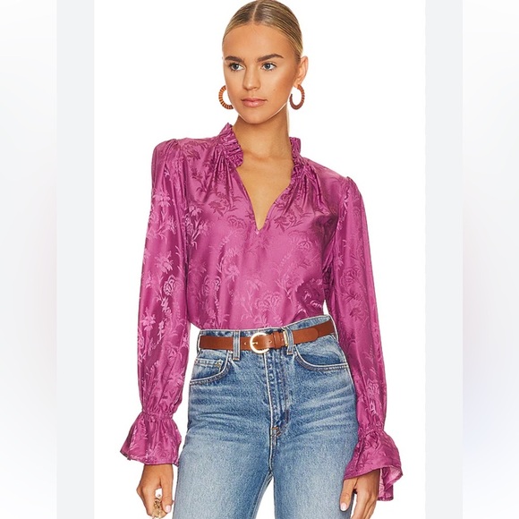 PAIGE Dusty Plum Silk Ruffle V-Neck Blouse - Picture 5 of 9